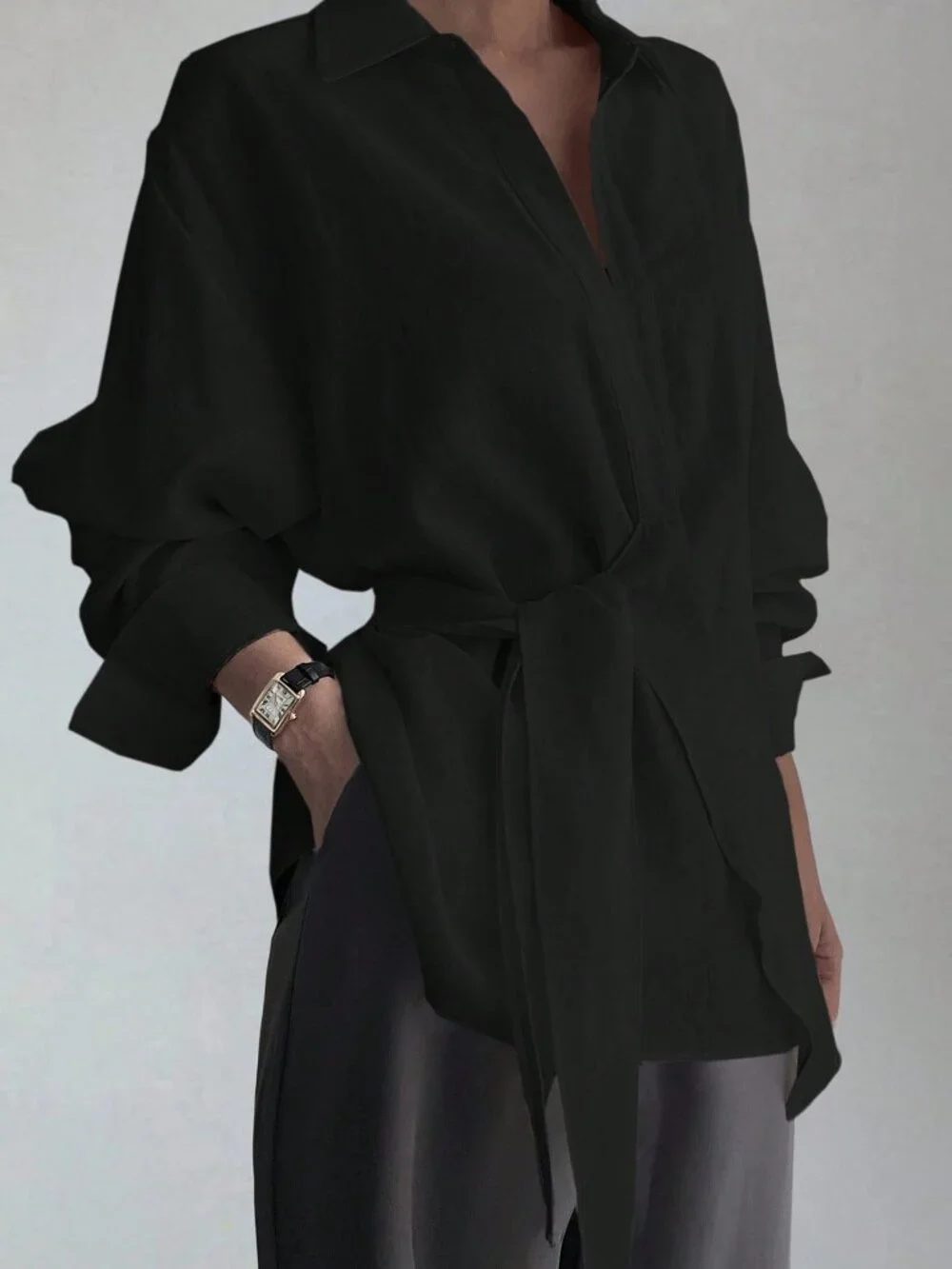 Black Elegant Women's Half-Placket Side Tie Pullover Casual Shirt - Picture 3 of 5